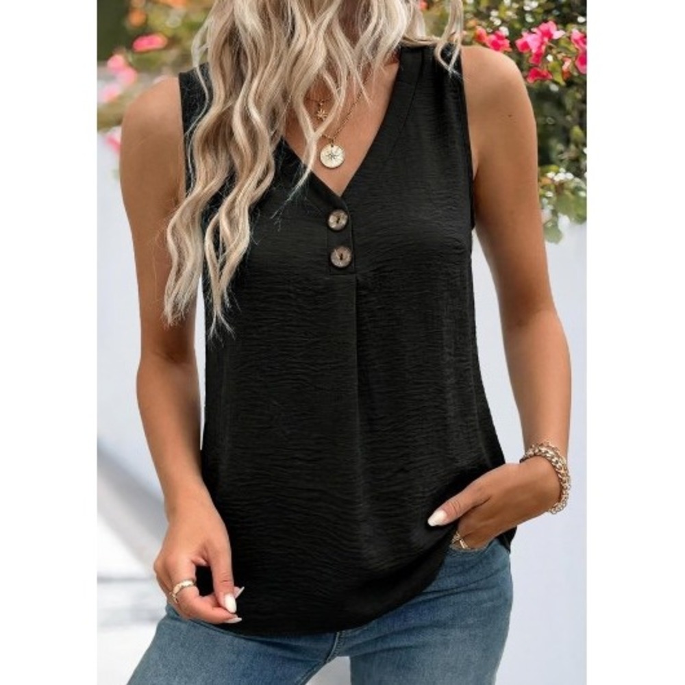 Cupshe Black V-Neck Sleeveless Button Detail Pleated Tank